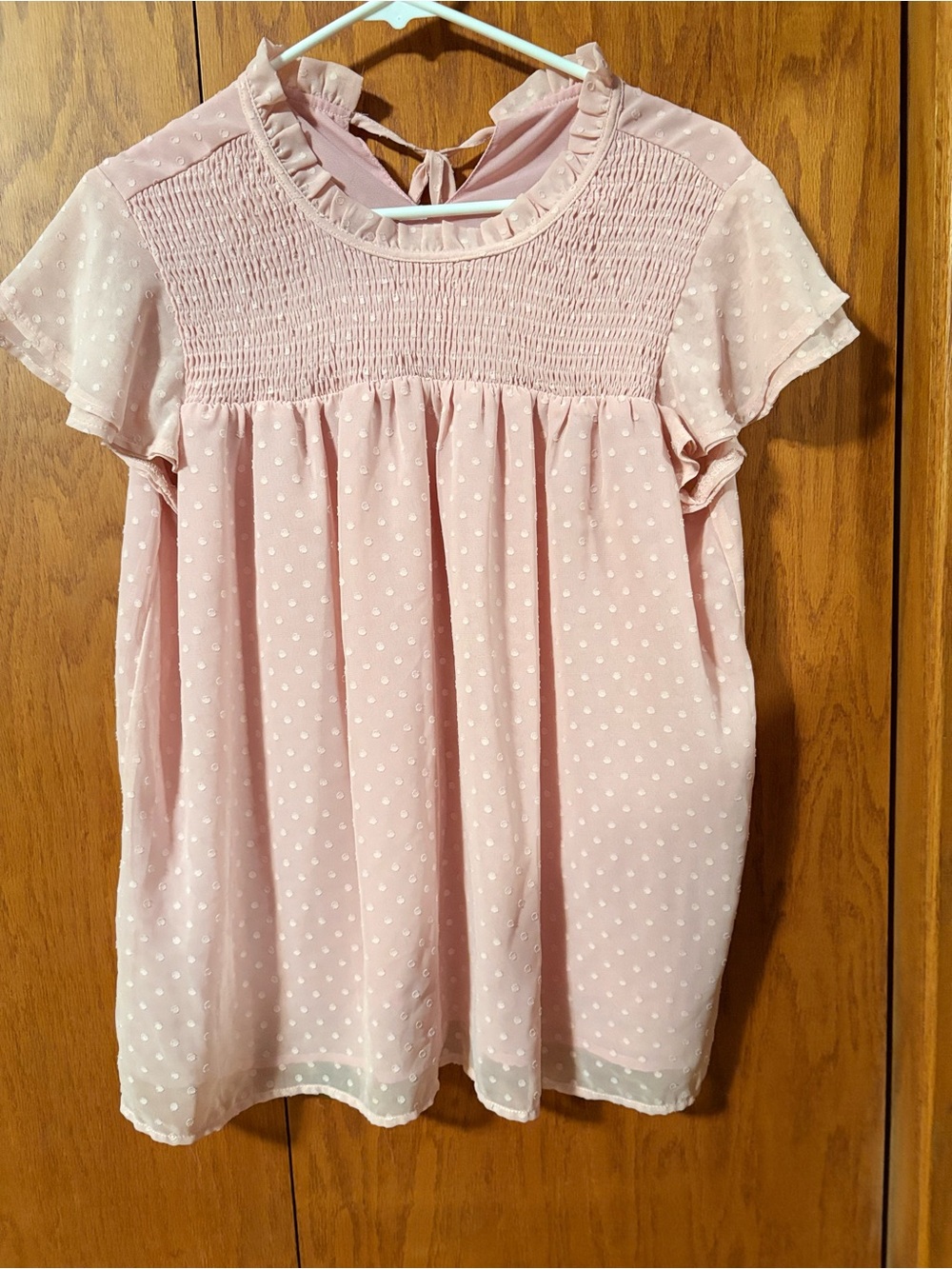 Light Pink Swiss-Dot Smocked Short Sleeve Blouse